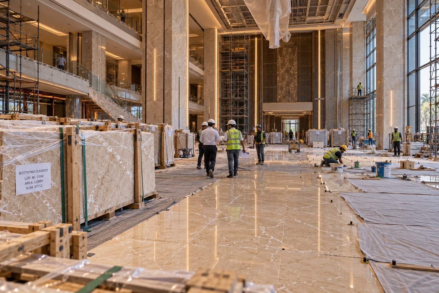 Large hotel atrium under construction with marble flooring work and protected material at the site