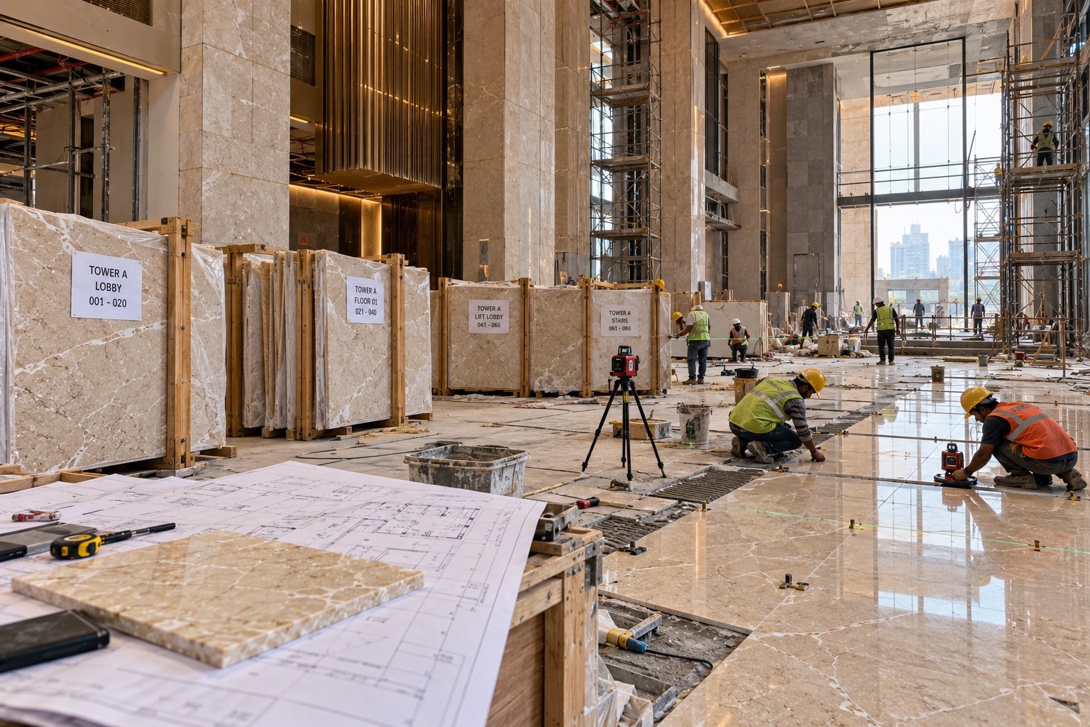 Botticino marble installation underway in a large building lobby with numbered stone packs and site teams