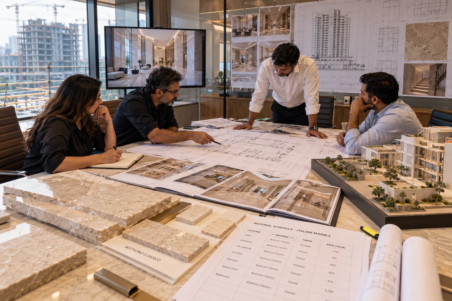 Project team reviewing marble samples and material plans for a Botticino project