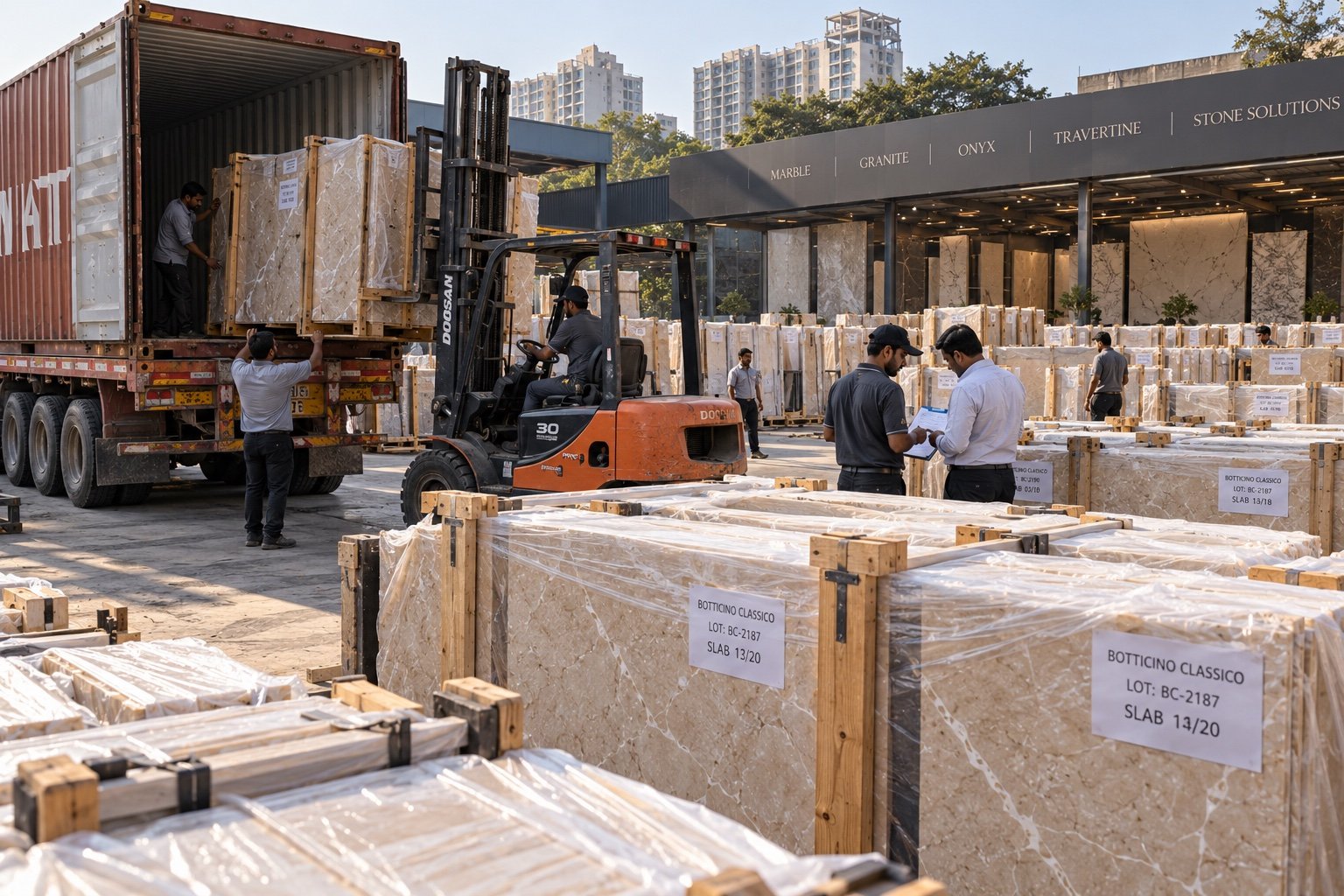 Stone yard team unloading labelled Botticino marble bundles from a truck with a forklift