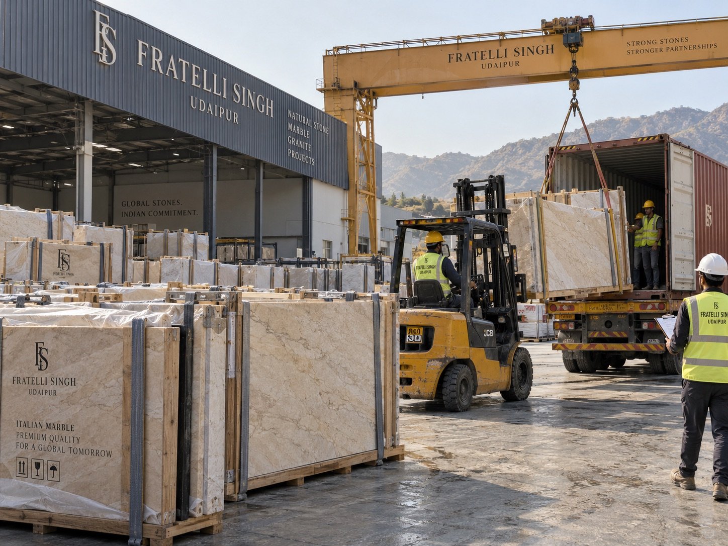 Illustrative marble loading yard with slab packs, forklift and transport vehicle