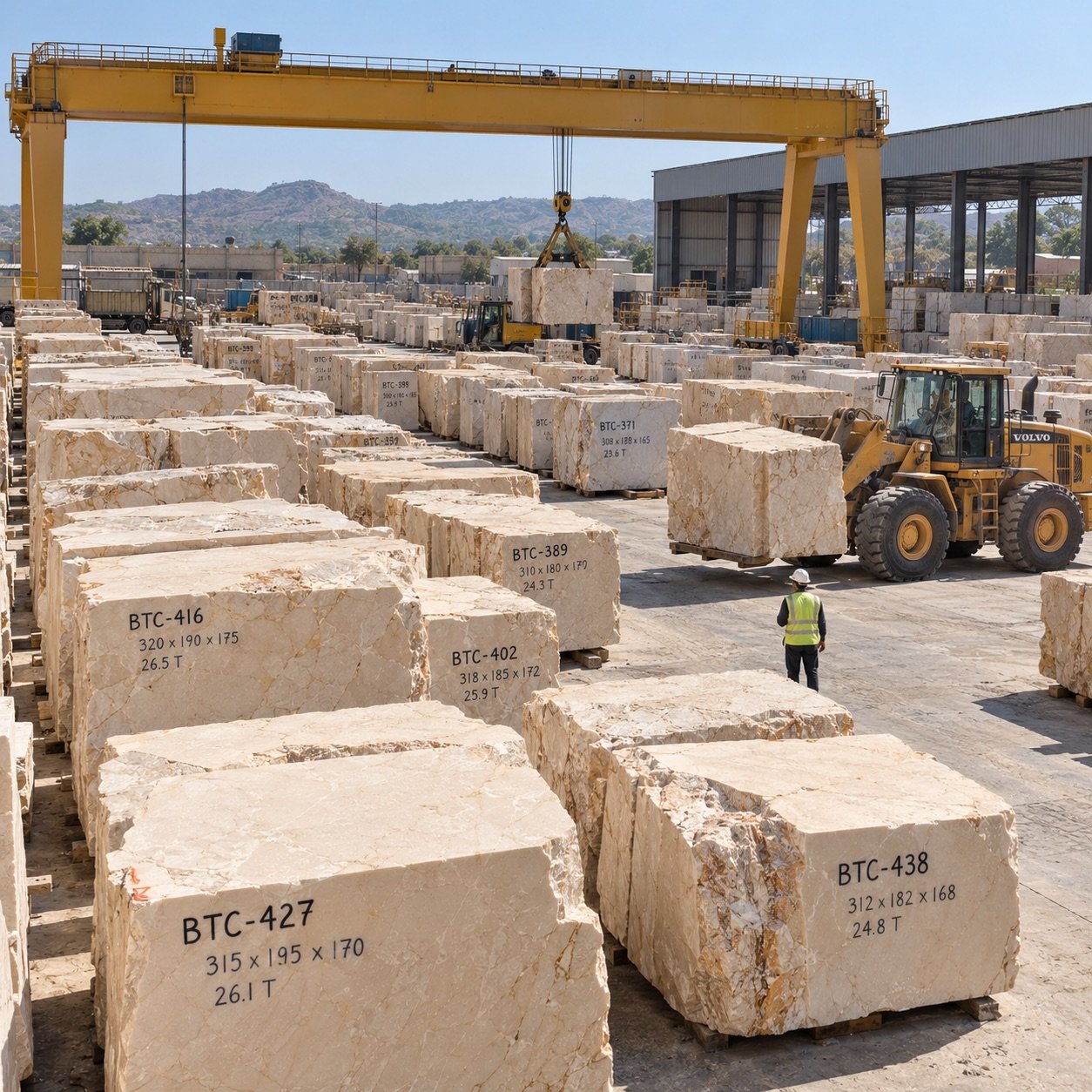 Illustrative stone-block yard with a gantry crane, loader and identified Botticino-coloured blocks