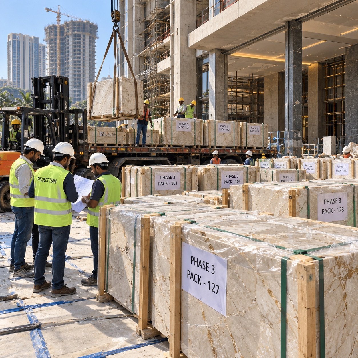 Illustrative construction site receiving packaged stone in a planned delivery phase