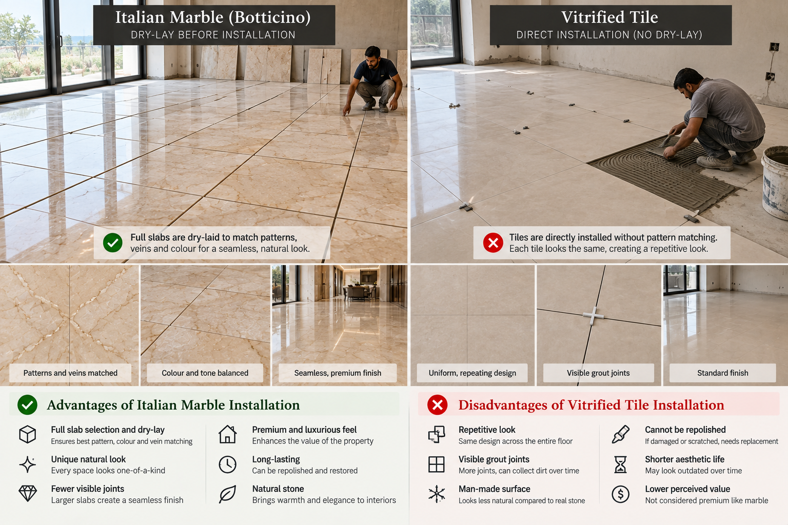 Italian marble dry laying compared with vitrified tile installation