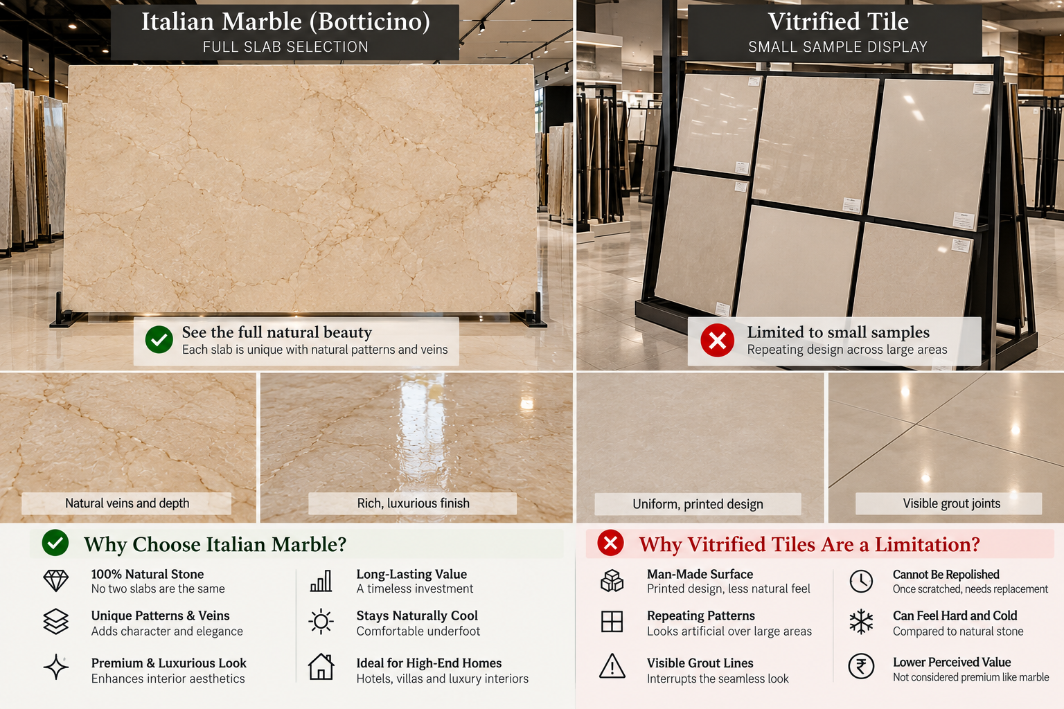 Full slab selection compared with vitrified tile samples
