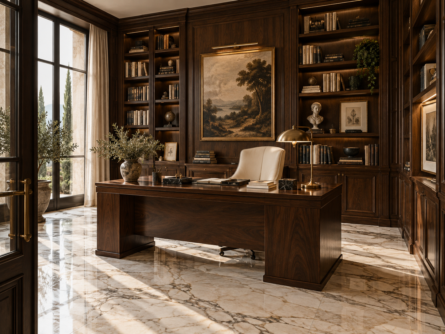 Italian marble flooring paired with dark walnut in a luxury study