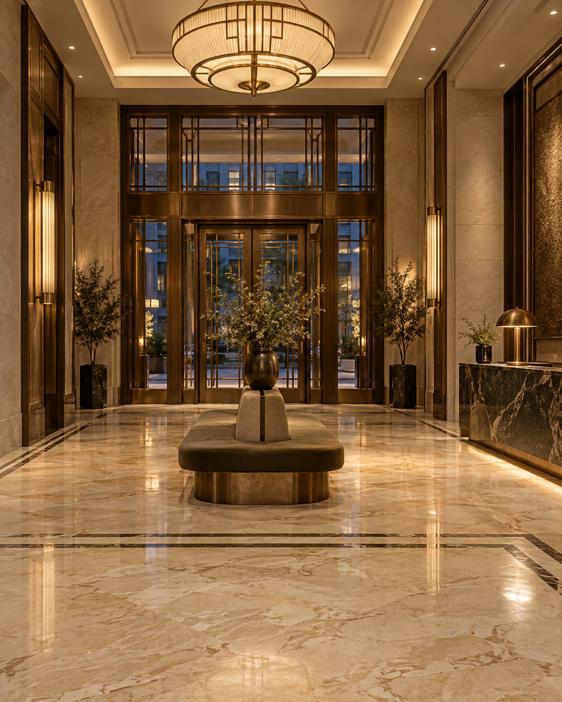 Warm Italian marble flooring in a refined apartment entrance lobby
