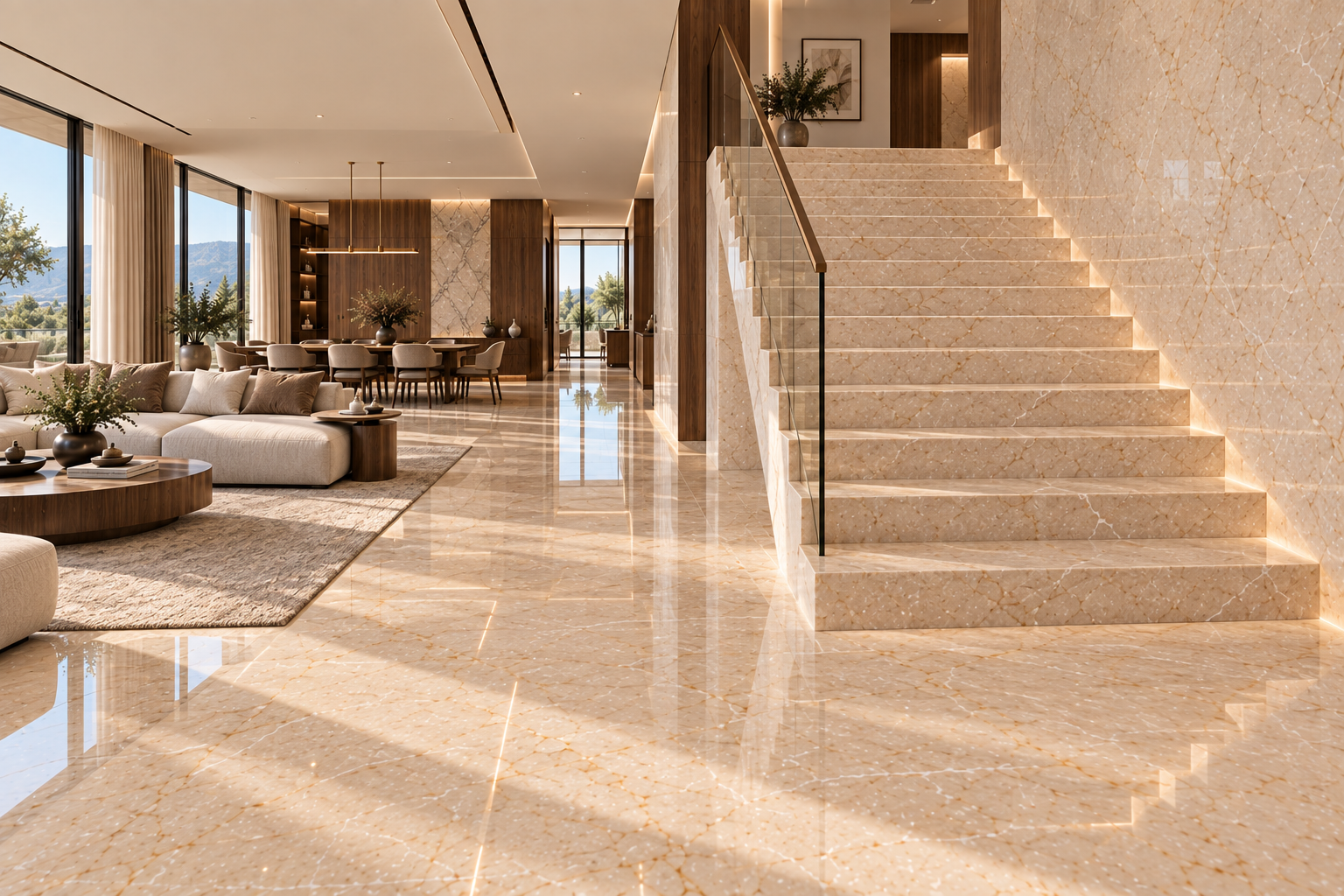 Botticino marble flooring and staircase continuing through a warm luxury villa