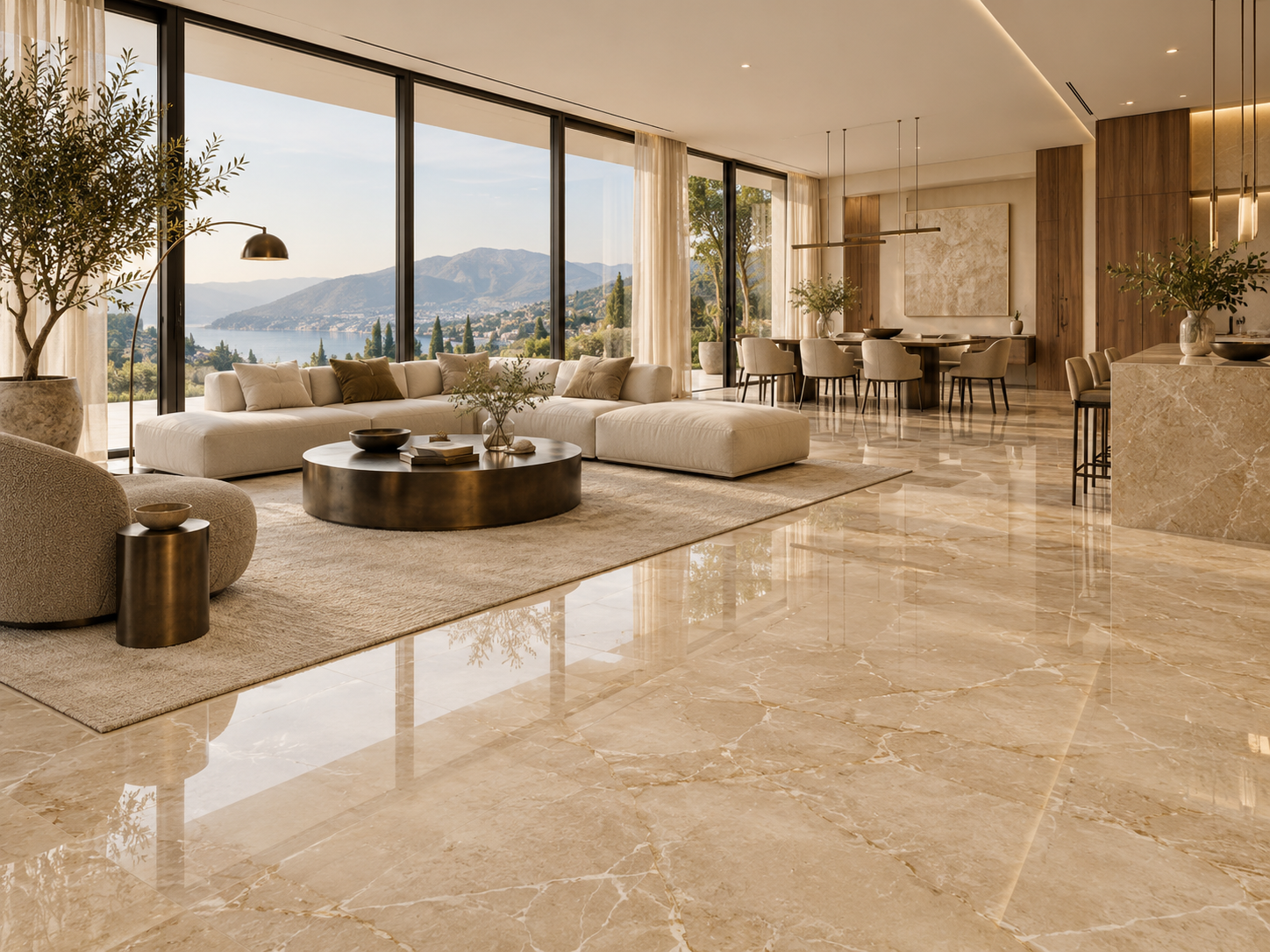 Italian marble flooring across a bright coastal open-plan living and dining interior