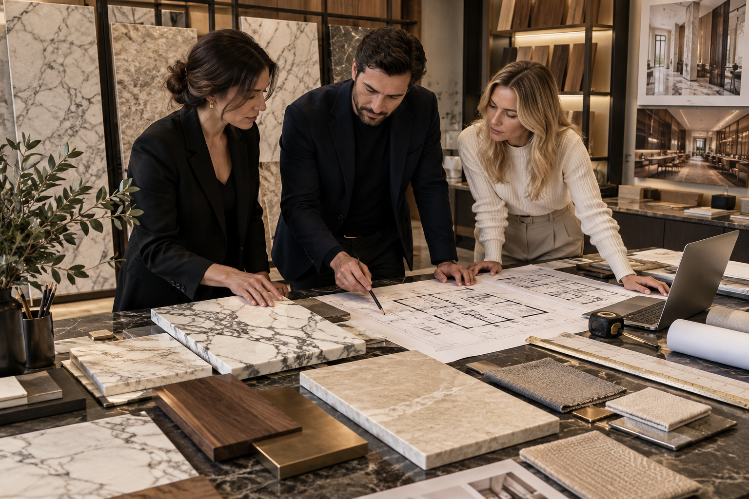 Design team reviewing marble slabs, flooring plans and complementary materials together