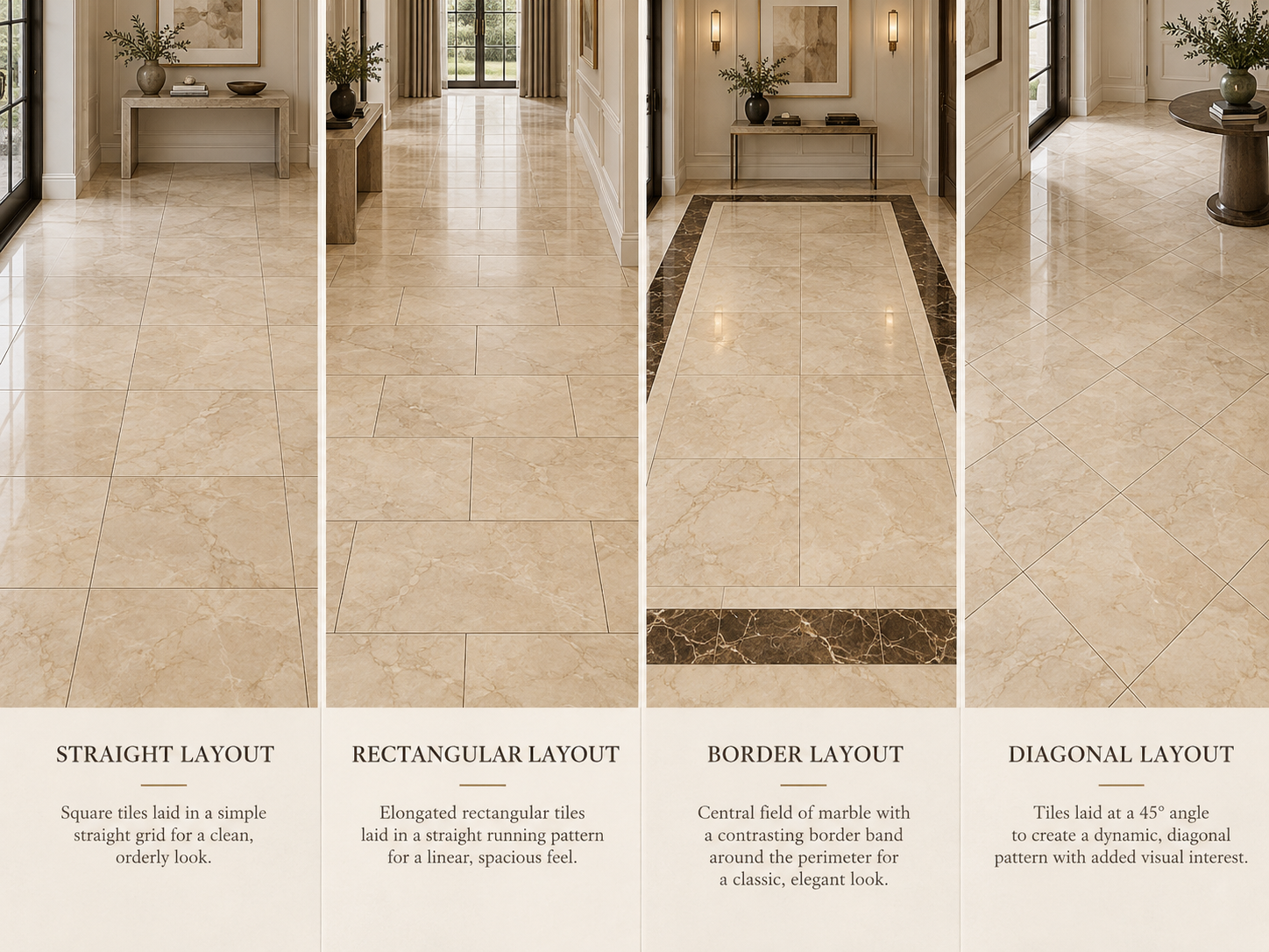 Four Italian marble flooring patterns: straight, rectangular, border and diagonal layouts