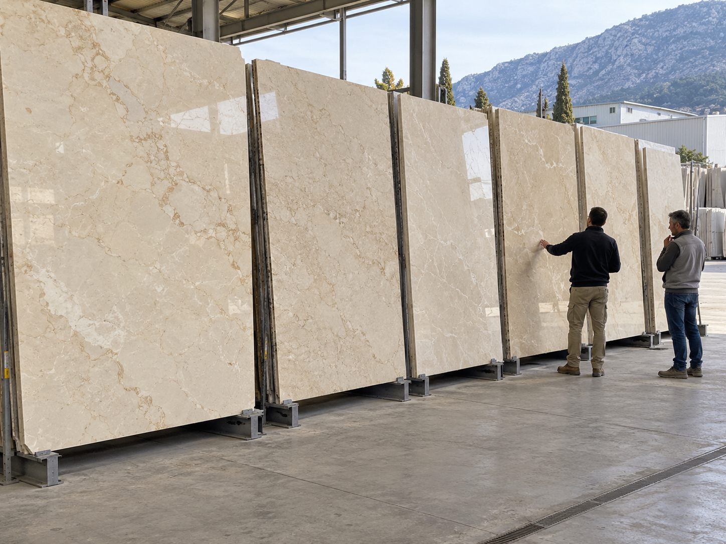Reviewing multiple Italian marble slabs together for tone, movement and lot consistency
