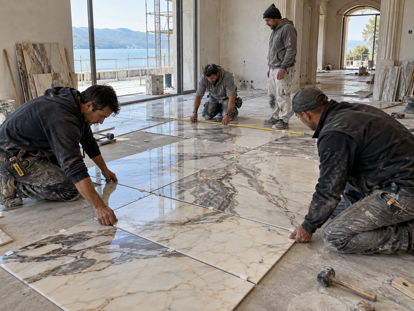 Installers aligning marble floor panels and checking joints before fixing them in place