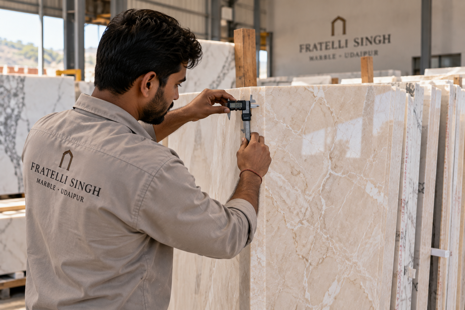 Technician measuring marble slab thickness in the warehouse