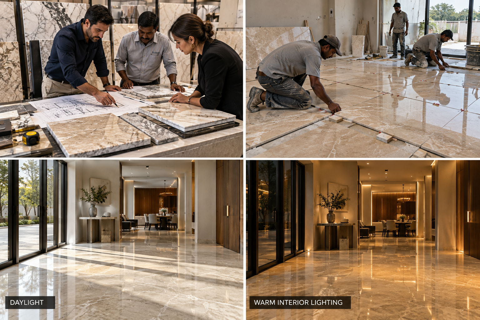 Marble slab selection, floor installation and the same stone viewed in daylight and warm interior lighting
