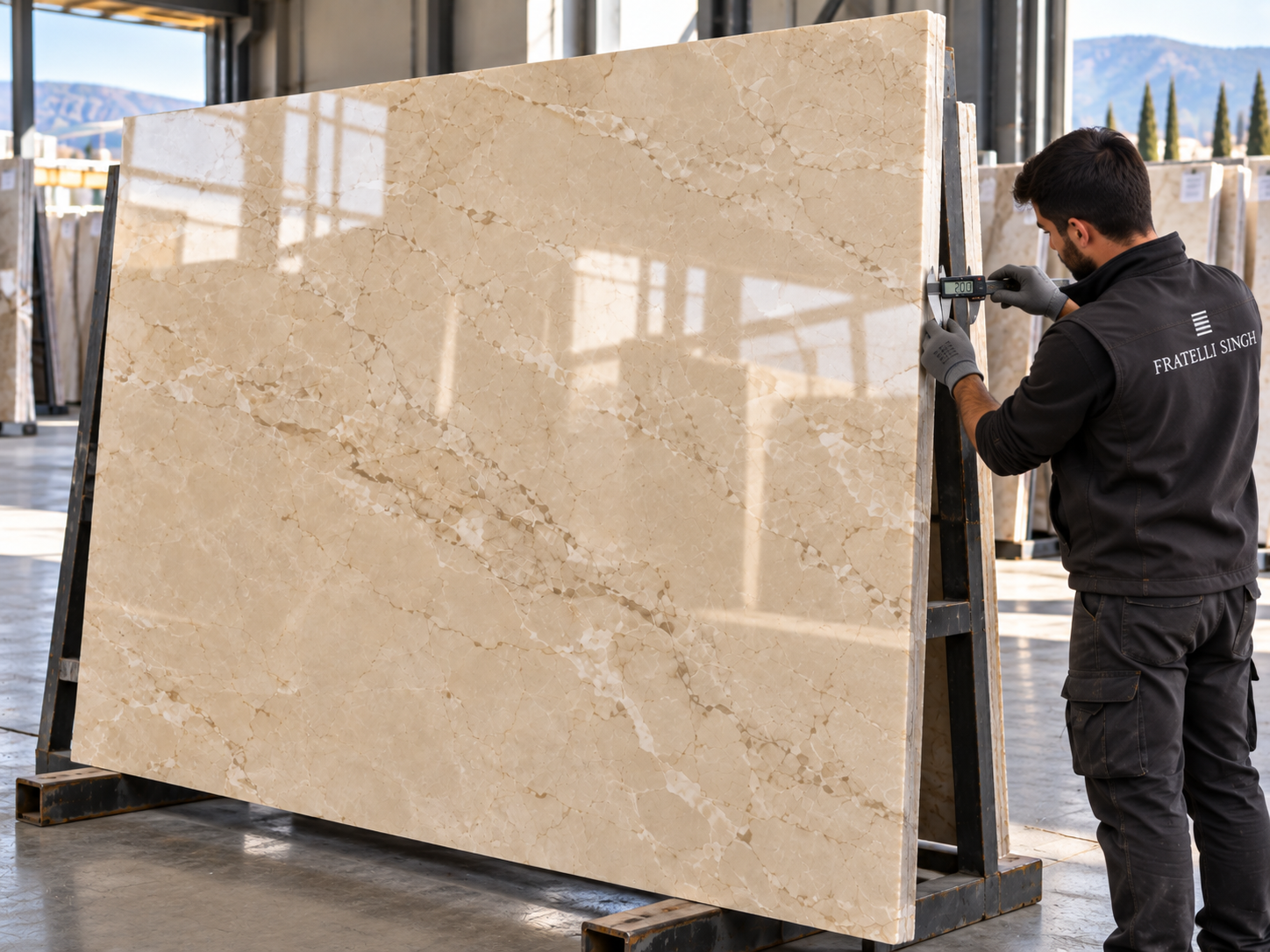 Fratelli Singh team comparing Botticino slabs for tone, veining and lot consistency
