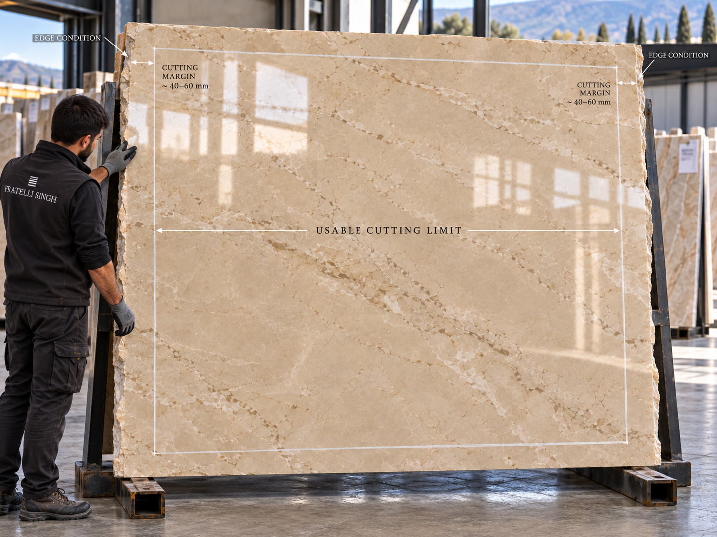 Botticino slab showing usable cutting limits, trimming margins and edge condition