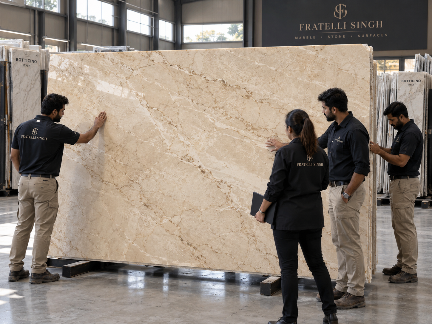 Technician checking Botticino marble slab flatness with a straightedge