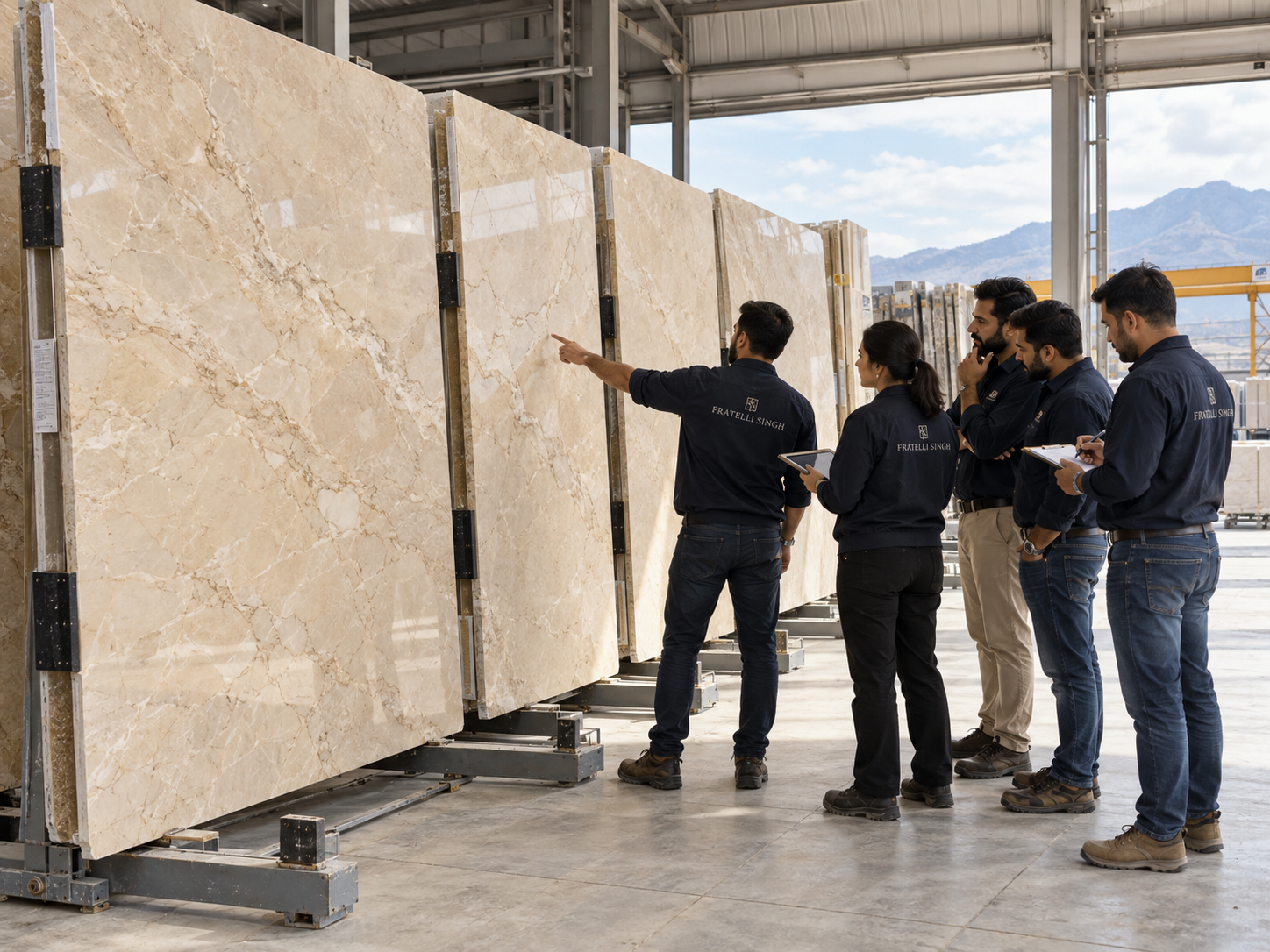 Fratelli Singh team reviewing the full slab and its identifying details