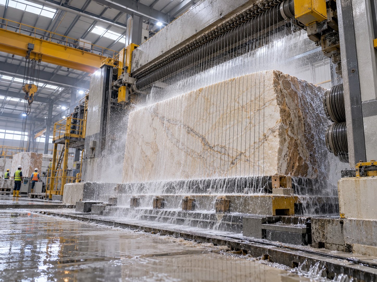 Illustrative multi-wire machine cutting a large marble block under water in an industrial factory