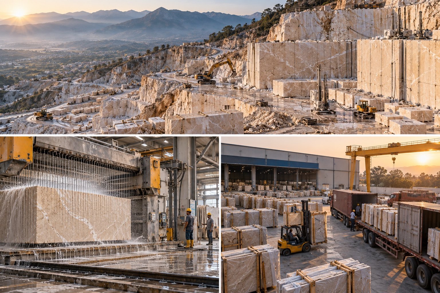Illustrative triptych showing marble quarry benches, wire cutting and packed stone ready for dispatch