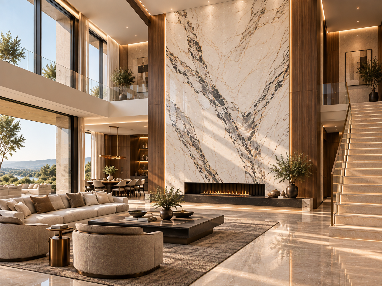 Large-format marble floor and feature wall in a double-height luxury interior