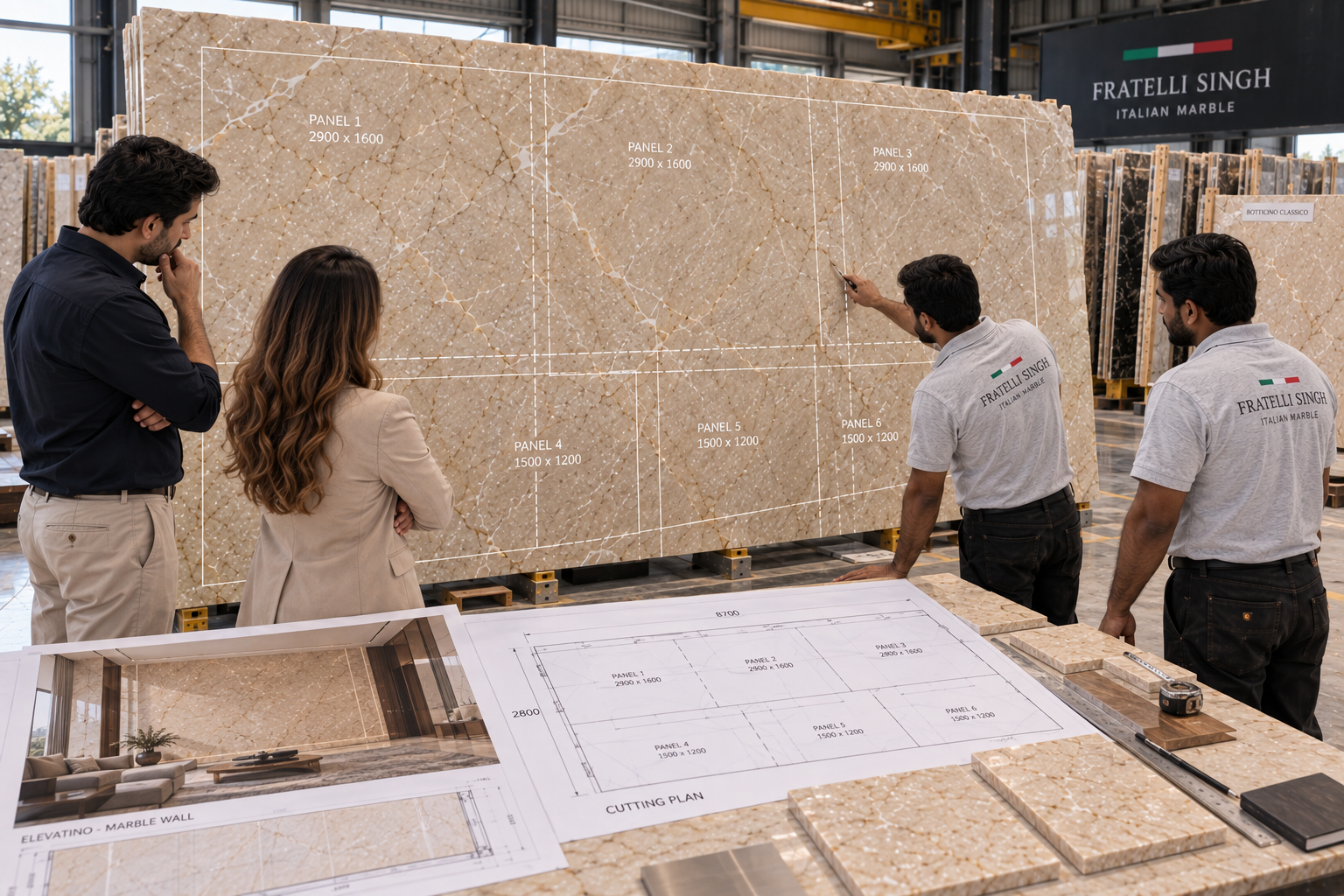 Planning large marble panels on a full slab before cutting