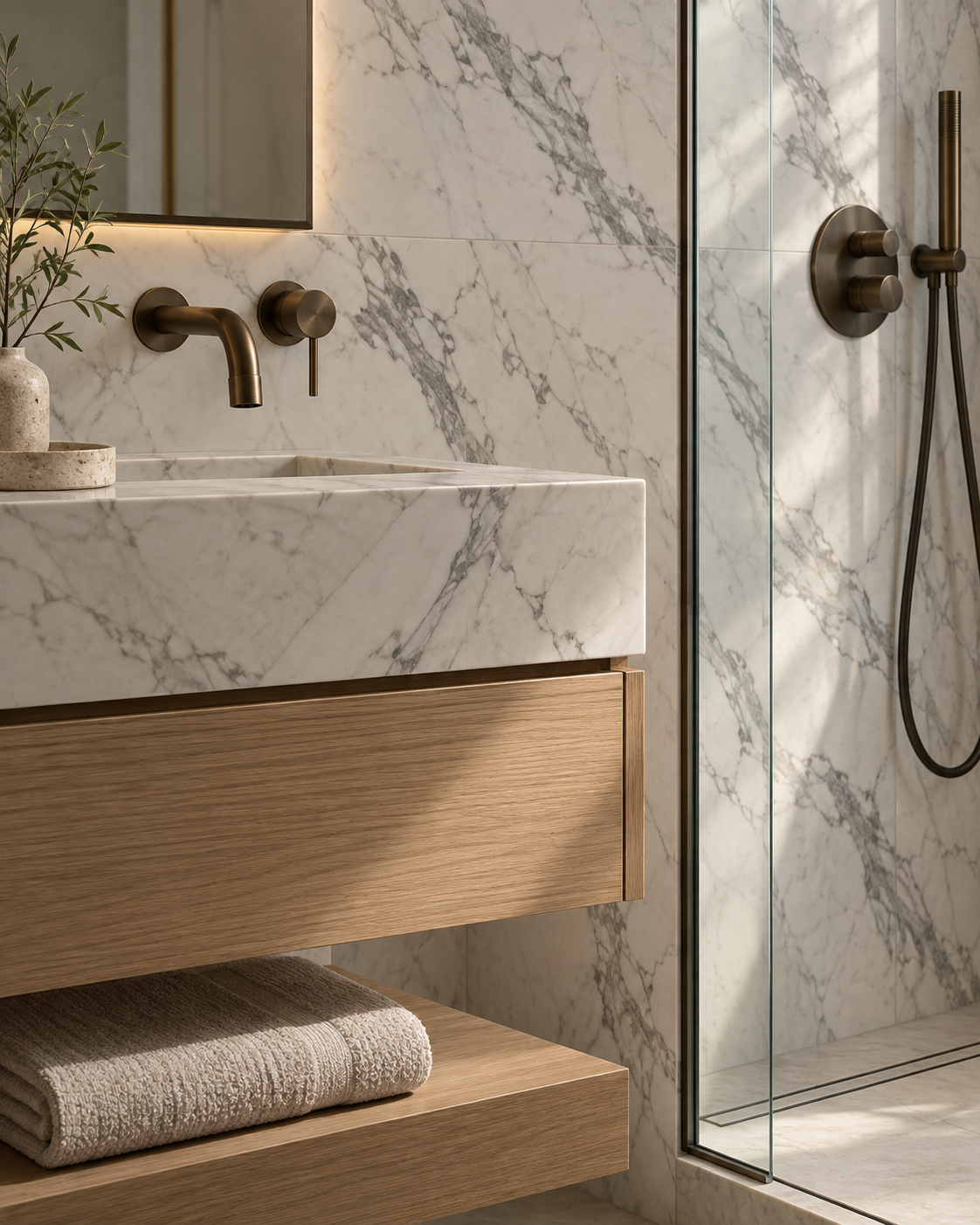White Italian marble and light oak bathroom material detail