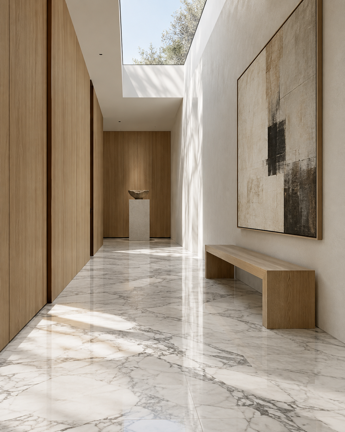 Venatino marble flooring paired with light oak in a contemporary interior