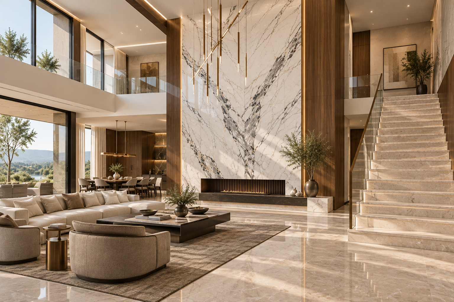 Italian marble used across a double-height luxury villa interior