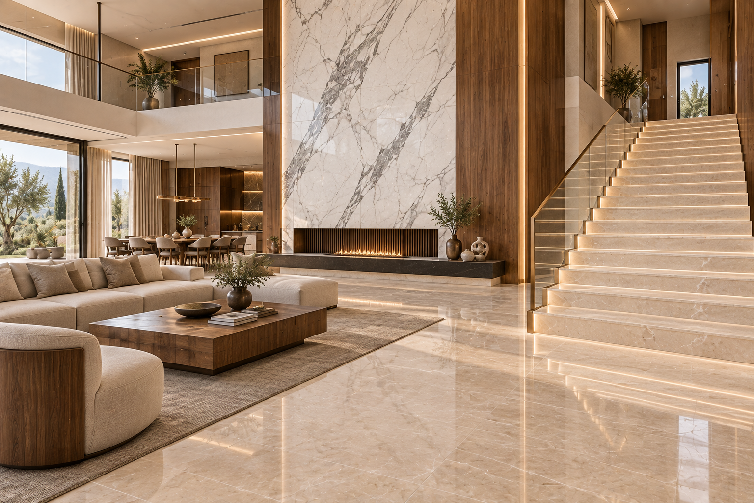 Marble staircase connecting the living room and upper level of a luxury villa