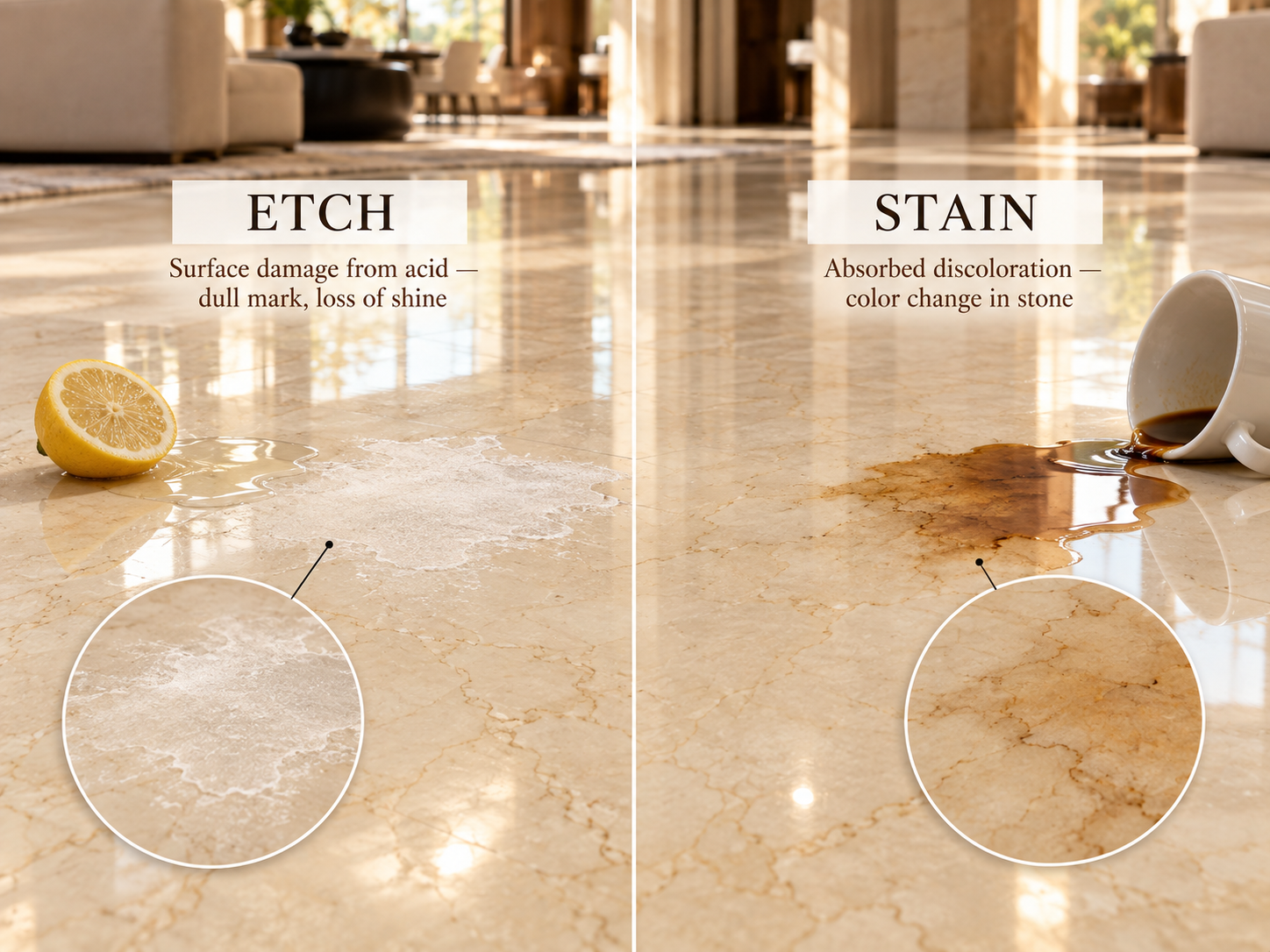 Comparison of etching and staining on Botticino marble