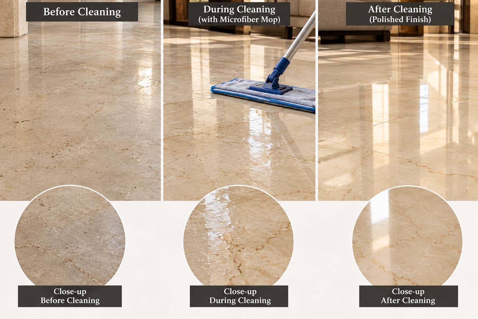 Botticino marble before, during and after gentle cleaning