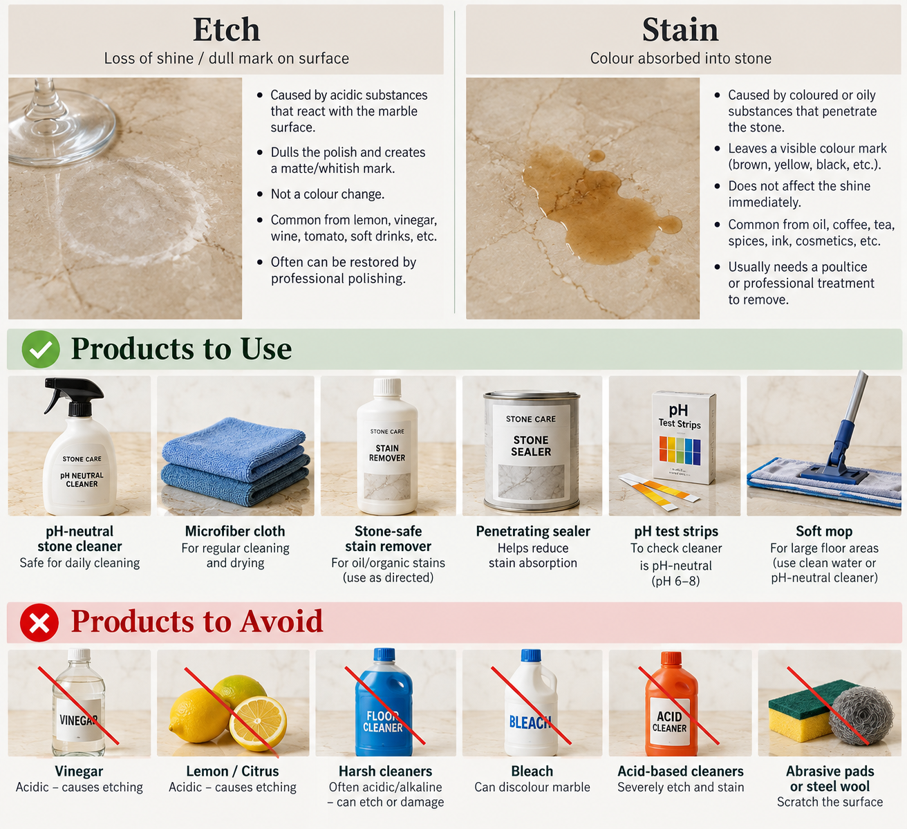 Products to use and avoid when cleaning marble