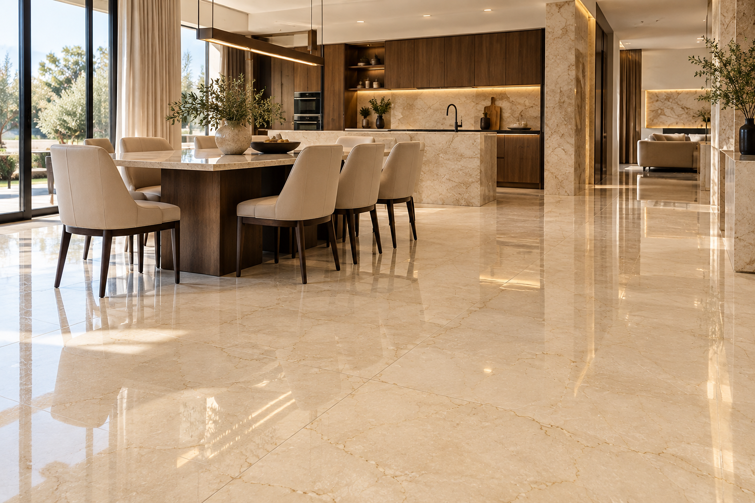 Modern Italian marble dining and kitchen interior with maintained floor