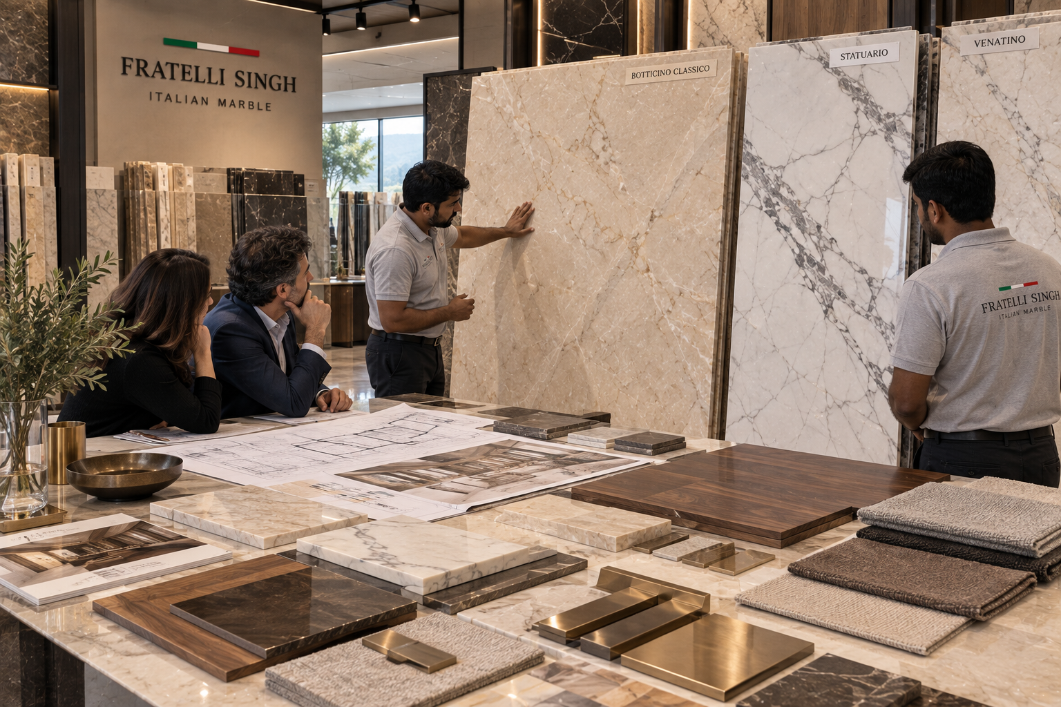 Interior designers and Fratelli Singh team comparing a full marble slab with walnut, metal and fabric samples