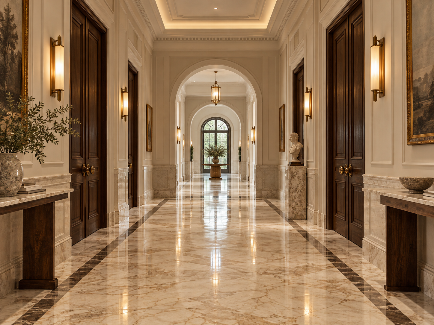 Warm marble flooring in a refined modern classical interior