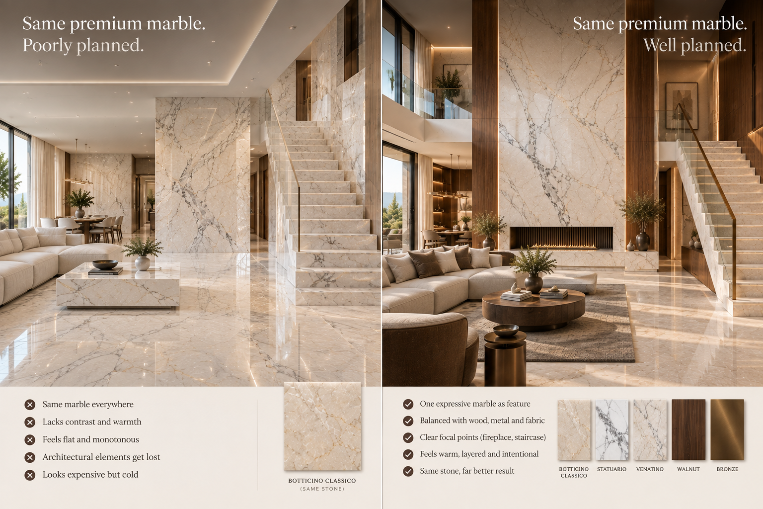 Same premium marble shown in poorly planned and well-planned luxury interiors
