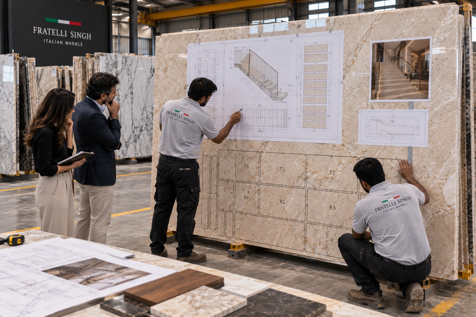 Architect and Fratelli Singh team reviewing a stair drawing and marking planned cuts on a full marble slab