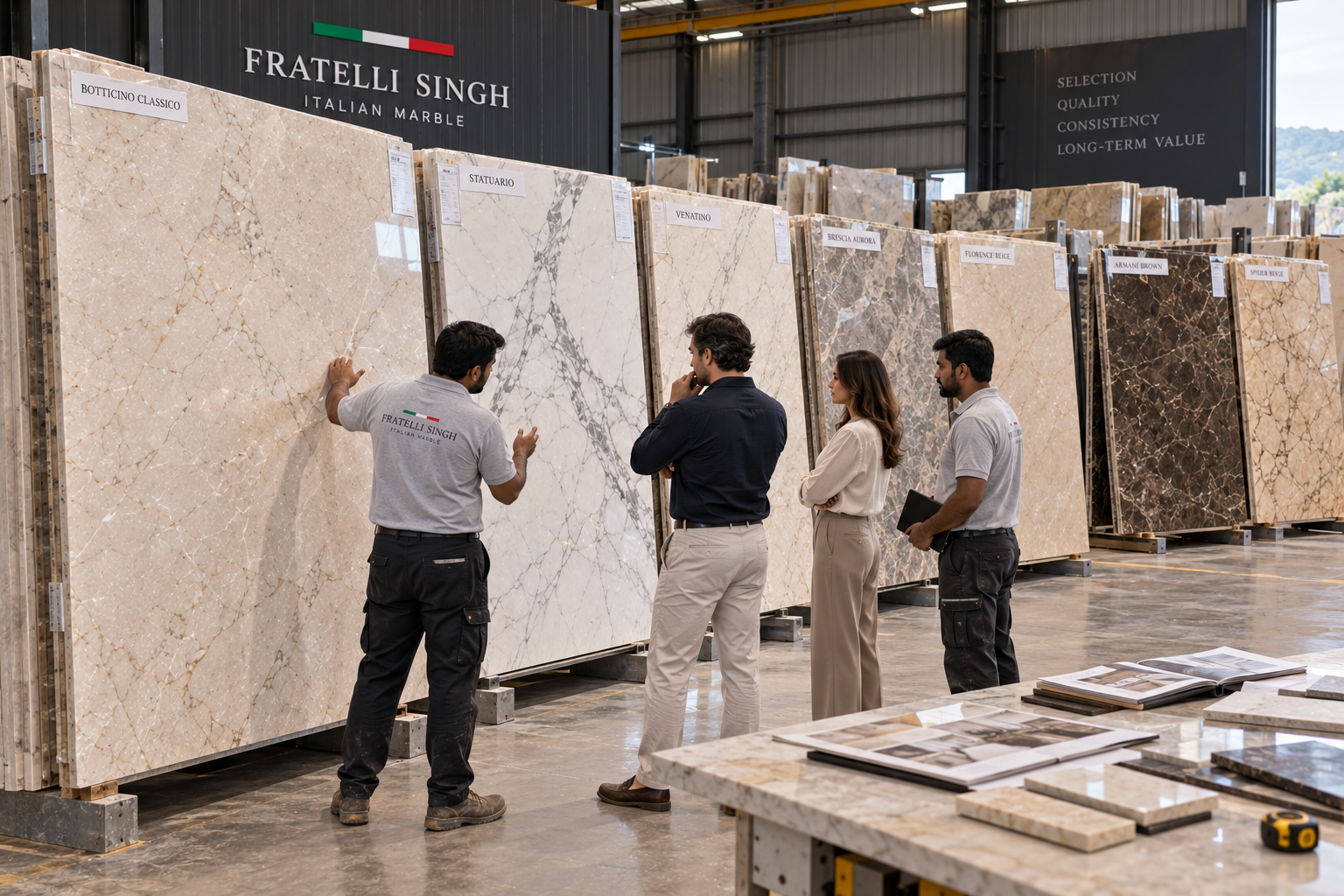 Architect, clients and Fratelli Singh team comparing multiple full marble slabs together