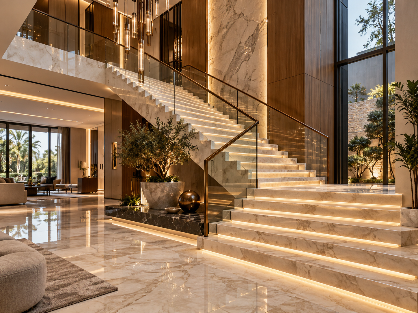 Warm Italian marble staircase with coordinated treads, risers and landing
