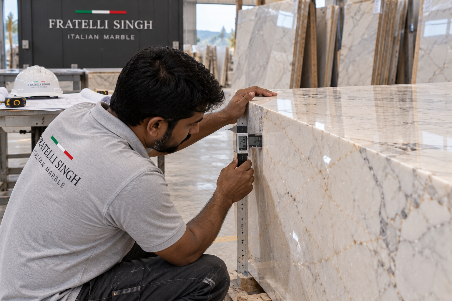 Technician checking marble slab thickness with a measuring gauge