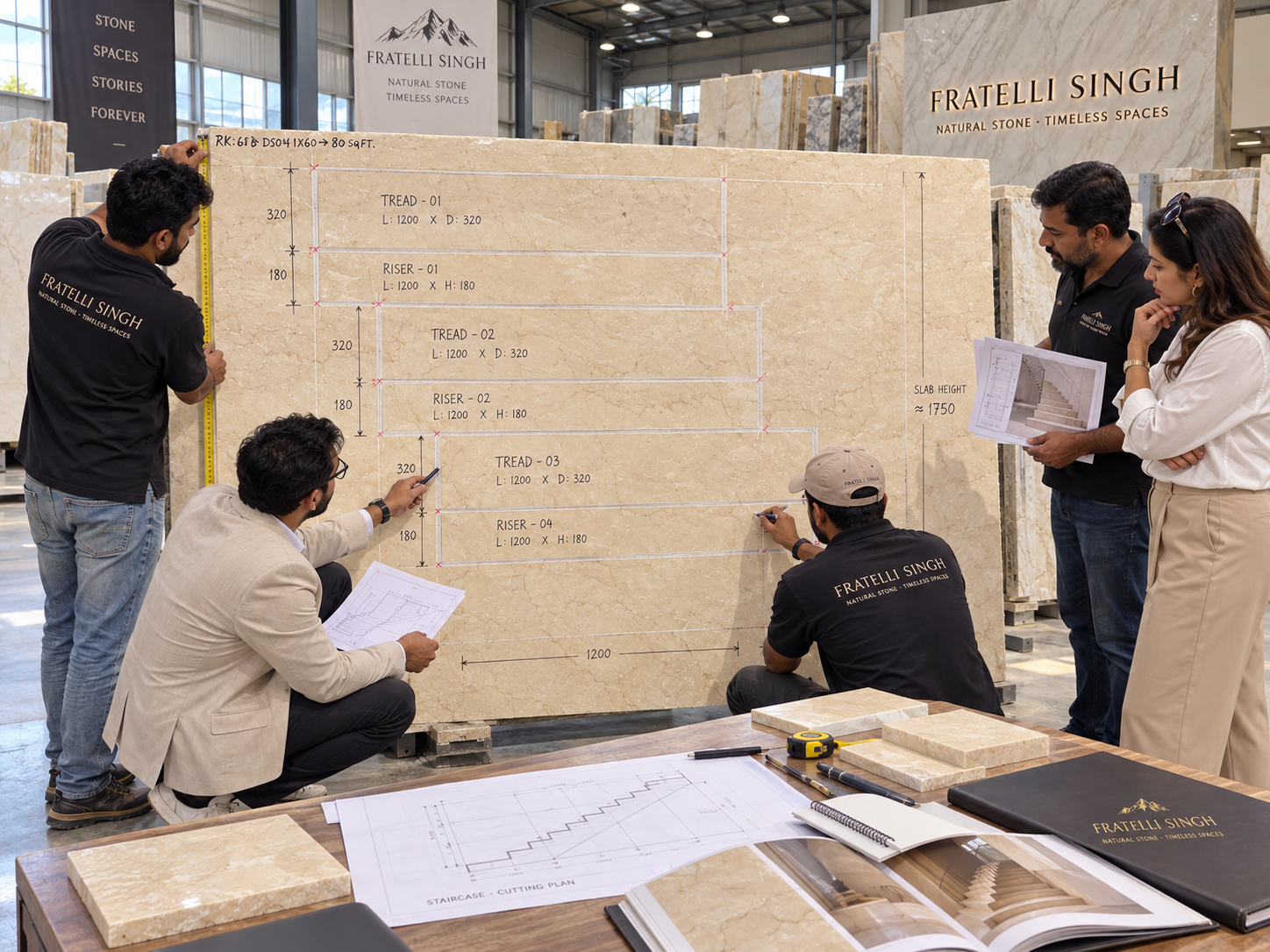Architect, client and Fratelli Singh team marking stair tread and riser positions on a full marble slab