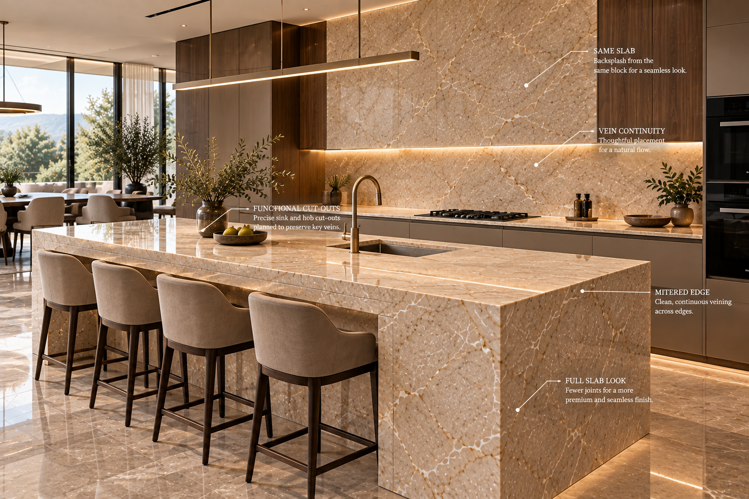 Warm Botticino marble island with planned sink and hob openings, coordinated backsplash and waterfall edge