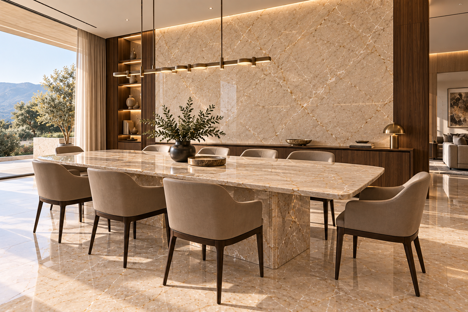 Italian marble dining table with carefully positioned natural veining