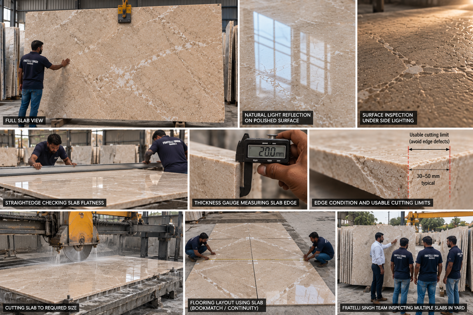 Marble slab inspection, cutting, dry layout and installation planning