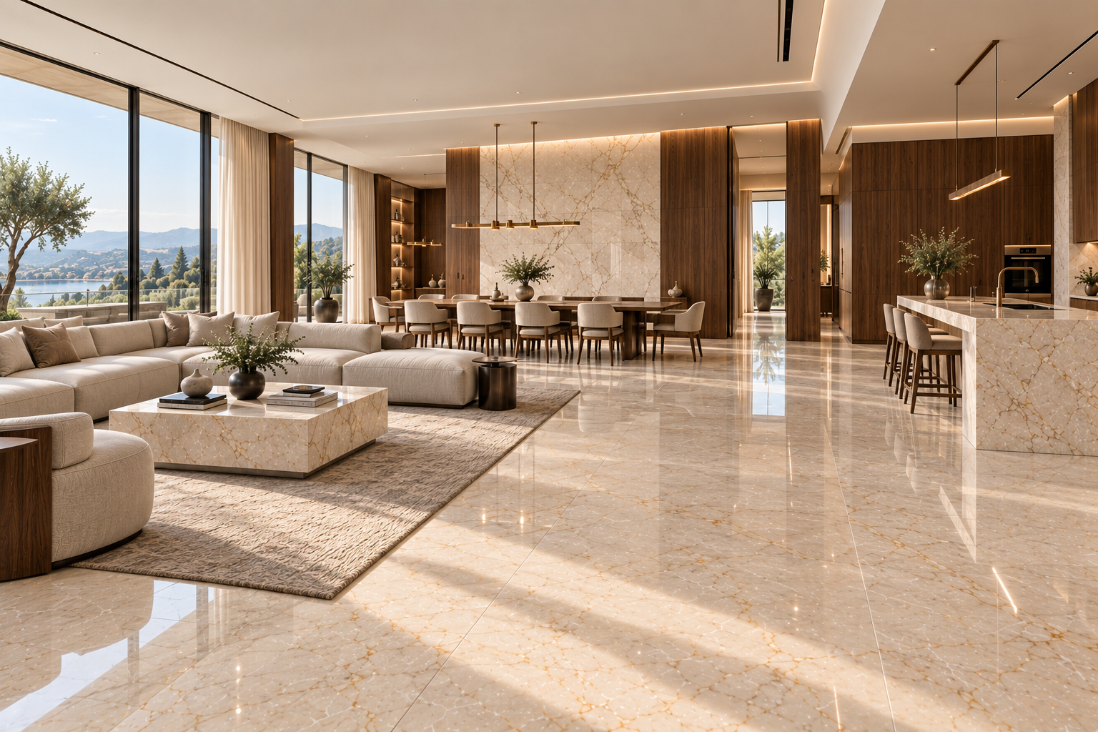 Completed open-plan living and dining interior with a continuous warm marble floor, restrained furniture and timber details