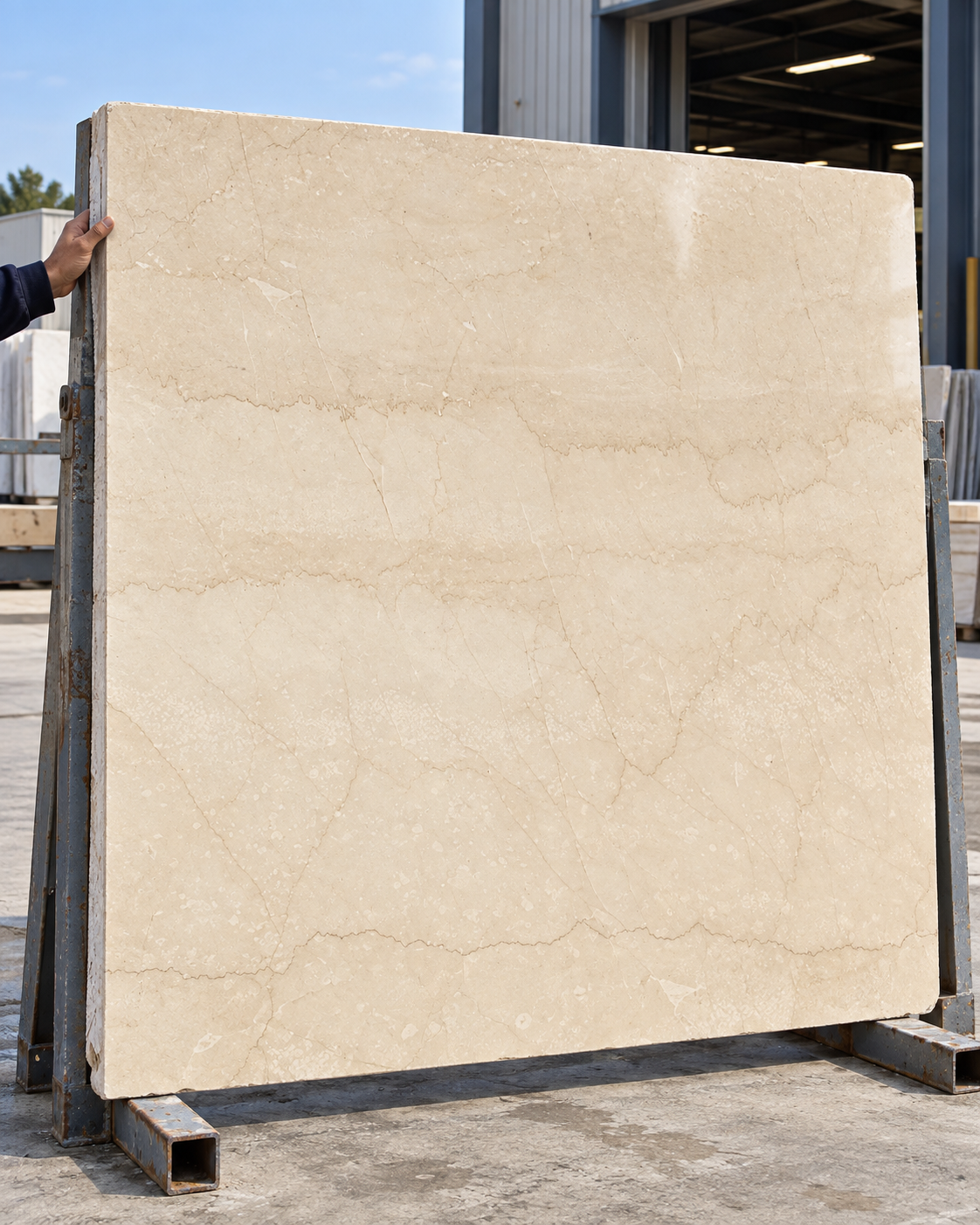 Full Botticino marble slab viewed at scale in natural daylight