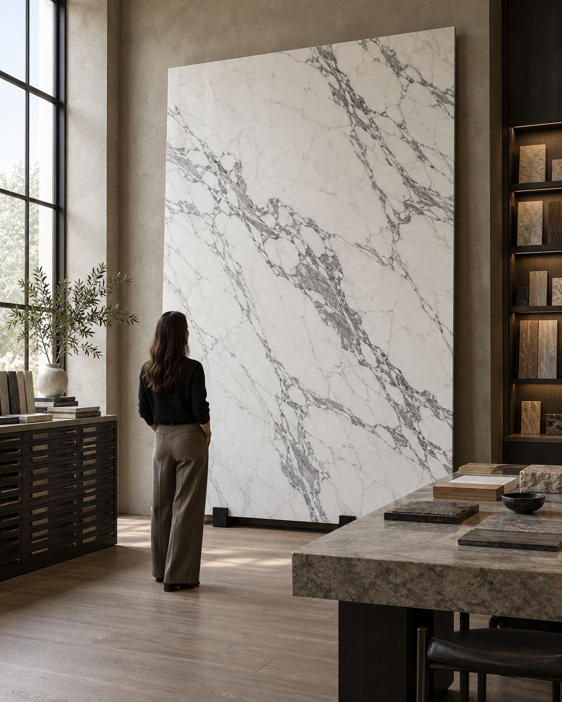 Premium Italian marble slab displayed in an architectural material library
