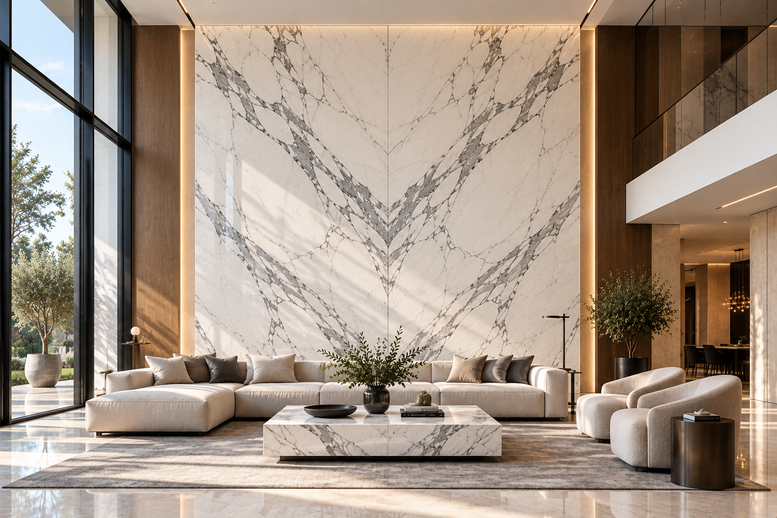 Bookmatched Statuario Satvario marble wall in a luxury living room